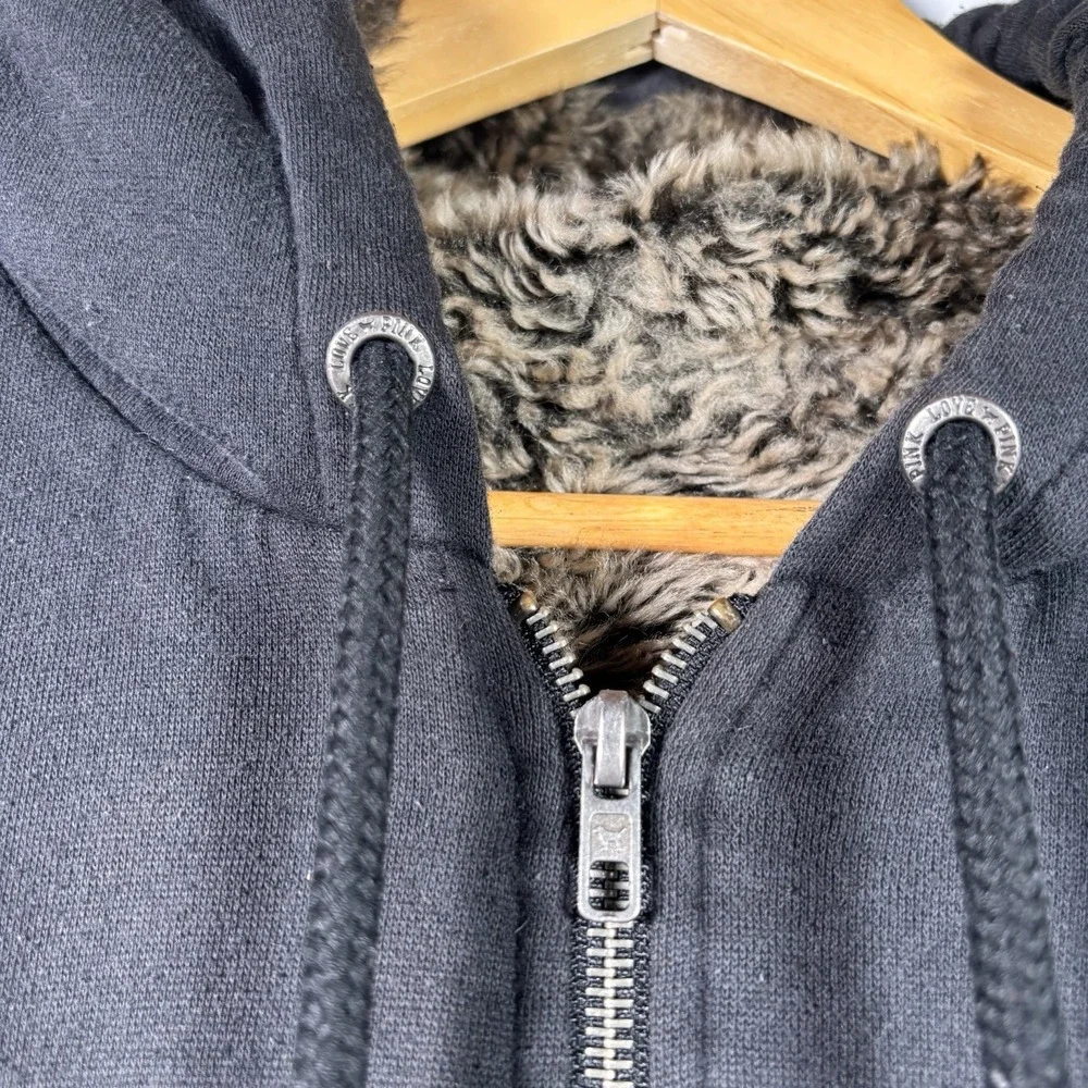 Victorias Secret PINK Y2K Hoodie Large Faux Fur Lined Bling Sequin Full Zip Read - Picture 9 of 11